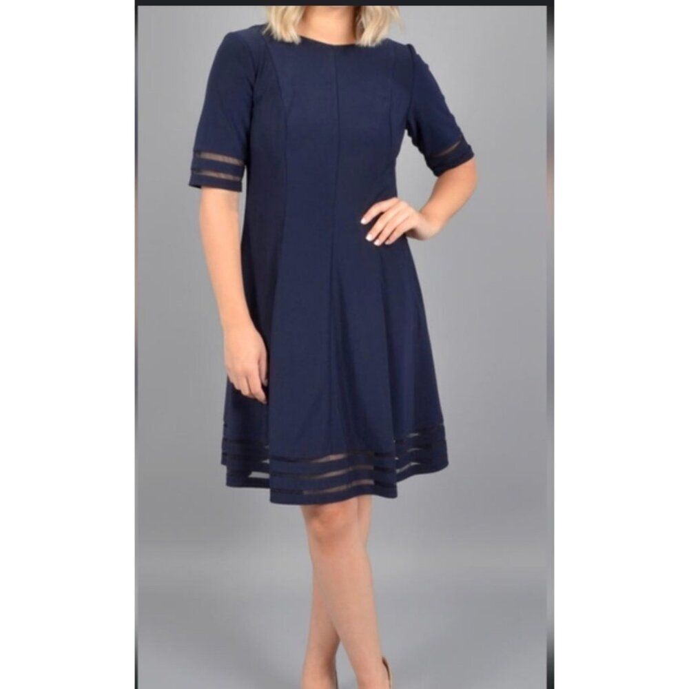Jessica Howard WomenâNavy Fit & Flare Dress with Mesh Illusion Insert Size 14W
